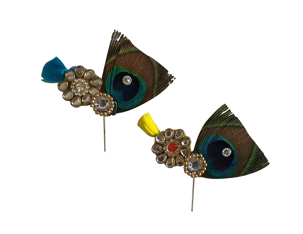 Deity Crown Decorative Pins with Peacock Feather, Big Silver Flower & Diamond