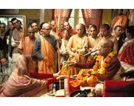 Prabhupada Handing Japa Beads to Woman Devotee