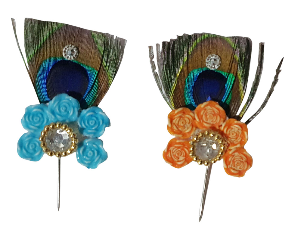 Deity Crown Decorative Pins with Peacock Feather, Big Silver Flower & Diamond