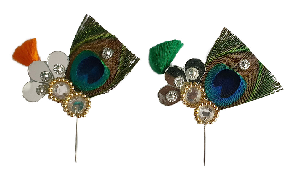 Deity Crown Decorative Pins with Peacock Feather, Big Silver Flower & Diamond