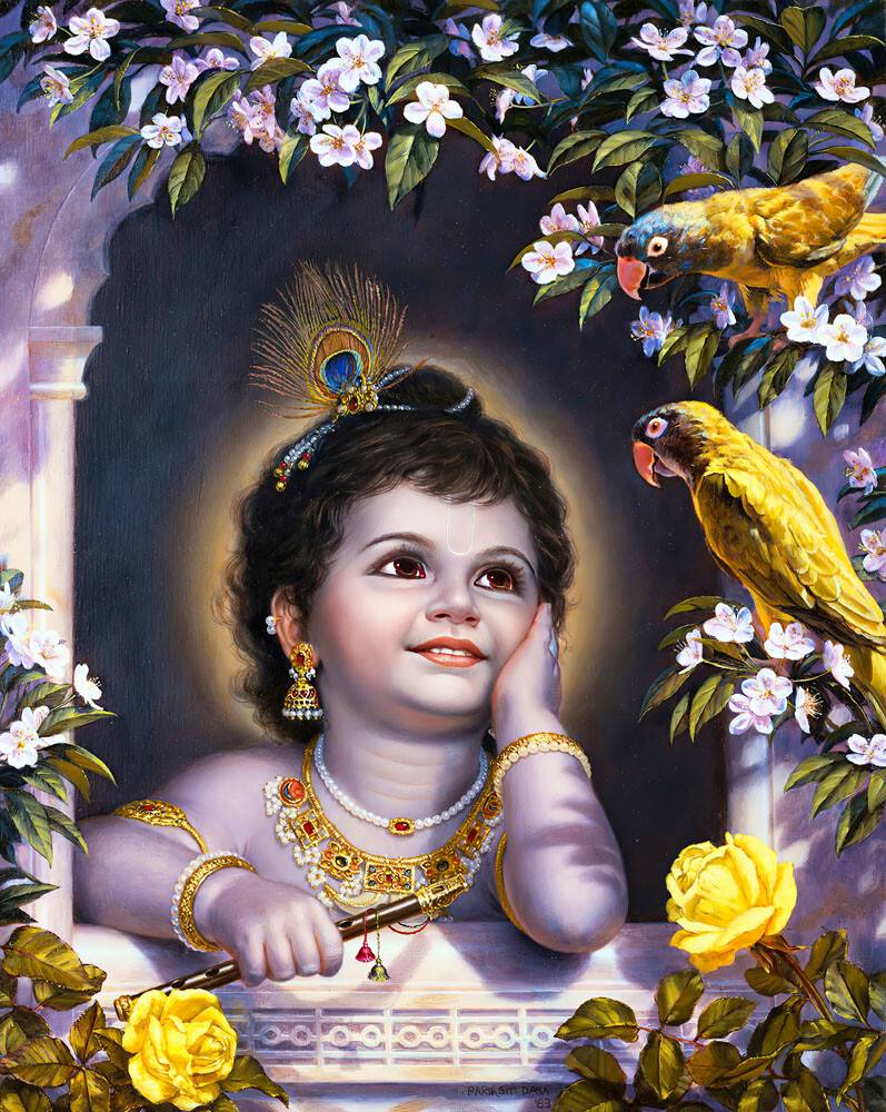 Baby Krishna with Parrots