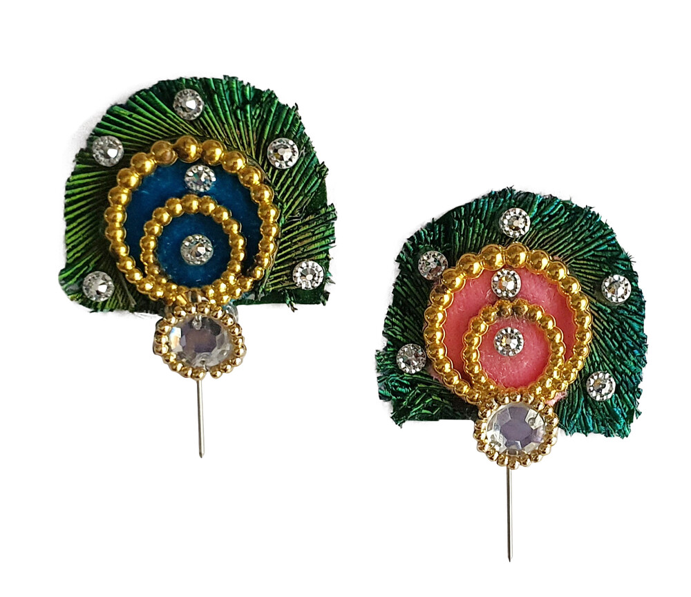 Deity Crown Decorative Pins with Peacock Feather, Big Silver Flower & Diamond