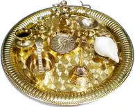 Medium Aroti Set (11.5" tray w/ Bell, Incense Holder, Flower Tray, Conch, Ghee Lamp)