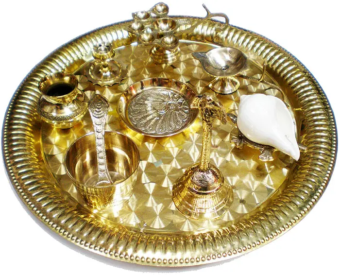 Large Aroti Set (13\" tray with Bell, Incense Holder, Flower Tray, Conch, Ghee Lamps)