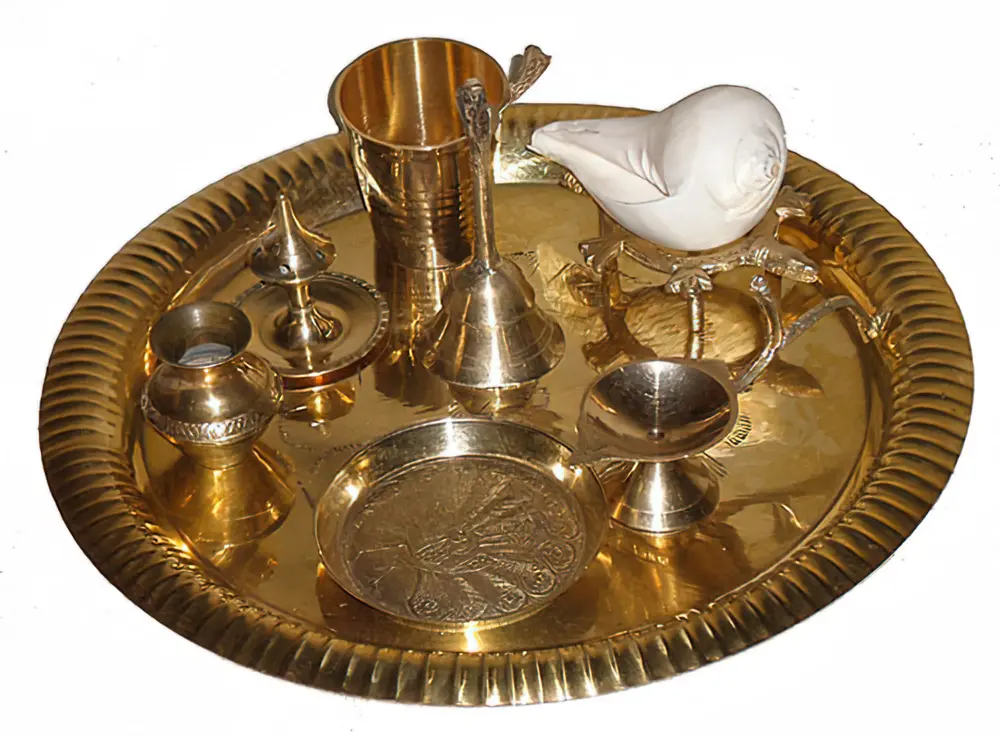 Large Aroti Set (13\" tray with Bell, Incense Holder, Flower Tray, Conch, Ghee Lamps)