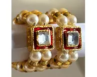 Deity Bracelets -- Golden White Pearls with White Diamond and Enameled Surface around D16