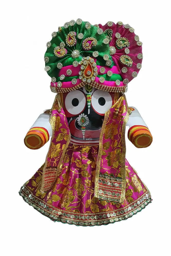 Jagannatha Crowns with Matching Dress - Orange & Blue Kerry, Flowers, Pearls & Diamonds (3 Crowns & Dresses)