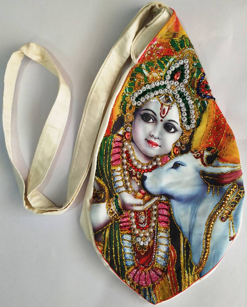 Krishna & Cow Digitally Printed Bead Bag with Embroidery