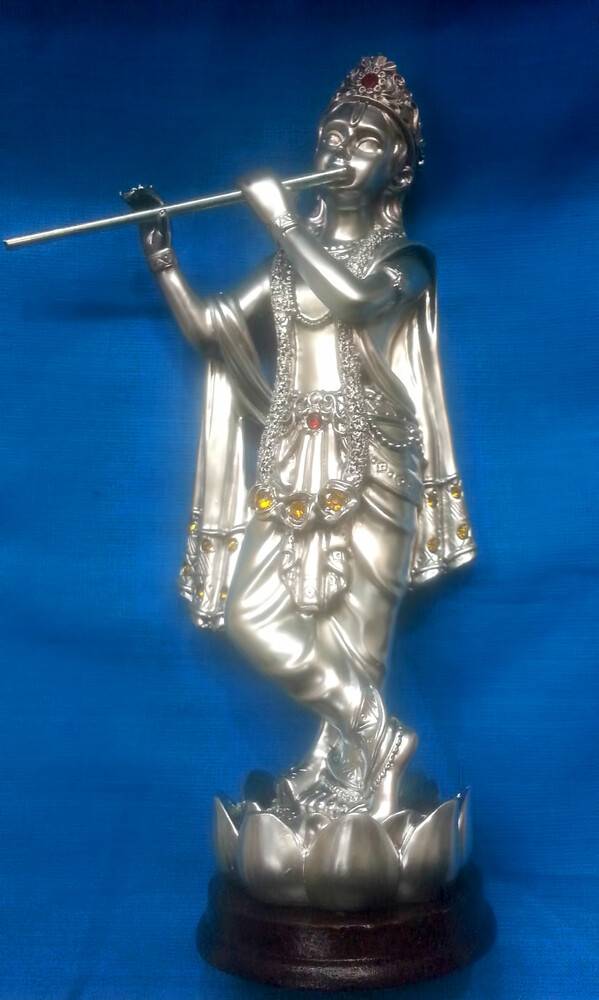 Krishna Playing Flute with Closed Eyes Silver Silicon / Metal  (6.5\" high)
