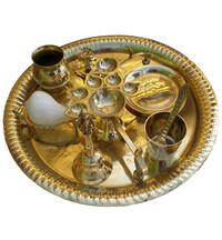 Large Aroti Set (13" tray with Bell, Incense Holder, Flower Tray, Conch, Ghee Lamps)