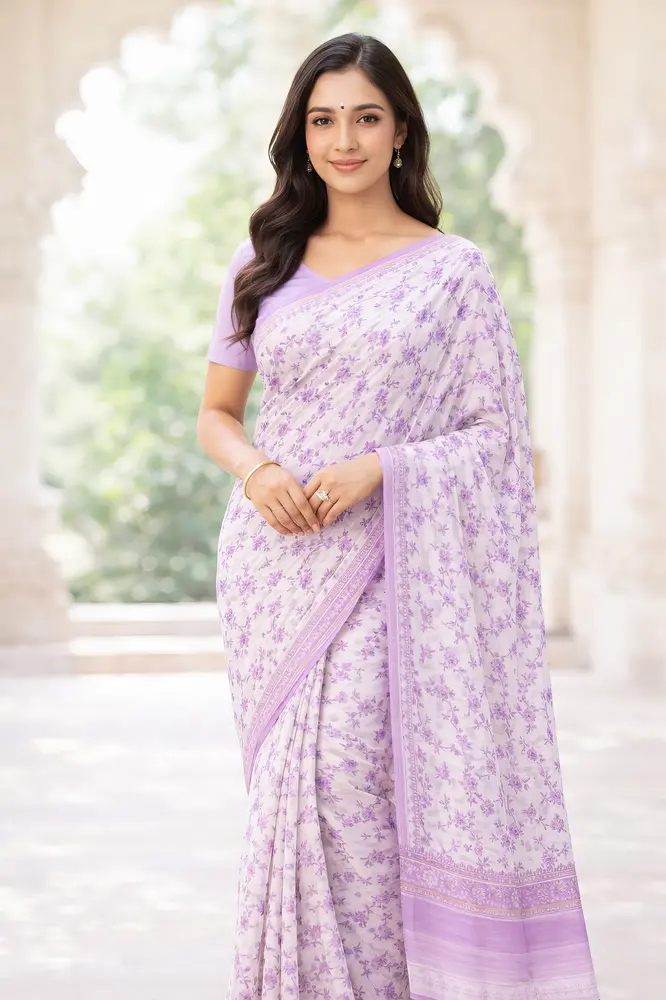 Sari, Cotton Printed -- Plain White with White Border