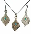 Peacock Feather Set - Pair of Earrings & Matching Pendant with Black Thread