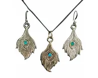 Peacock Feather Set - Pair of Earrings & Matching Pendant with Black Thread