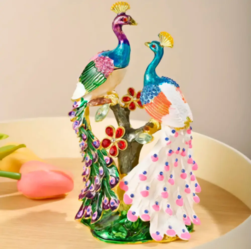 Peacock Pair Trinket Box (White)