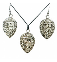 Sanskrit Krishna Leaf Set - Pair of Earrings & Matching Pendant with Black Thread